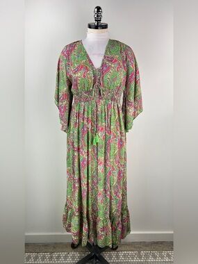 💚 3600. Lace Up Green Paisley Boho Maxi Dress with Pink Accents